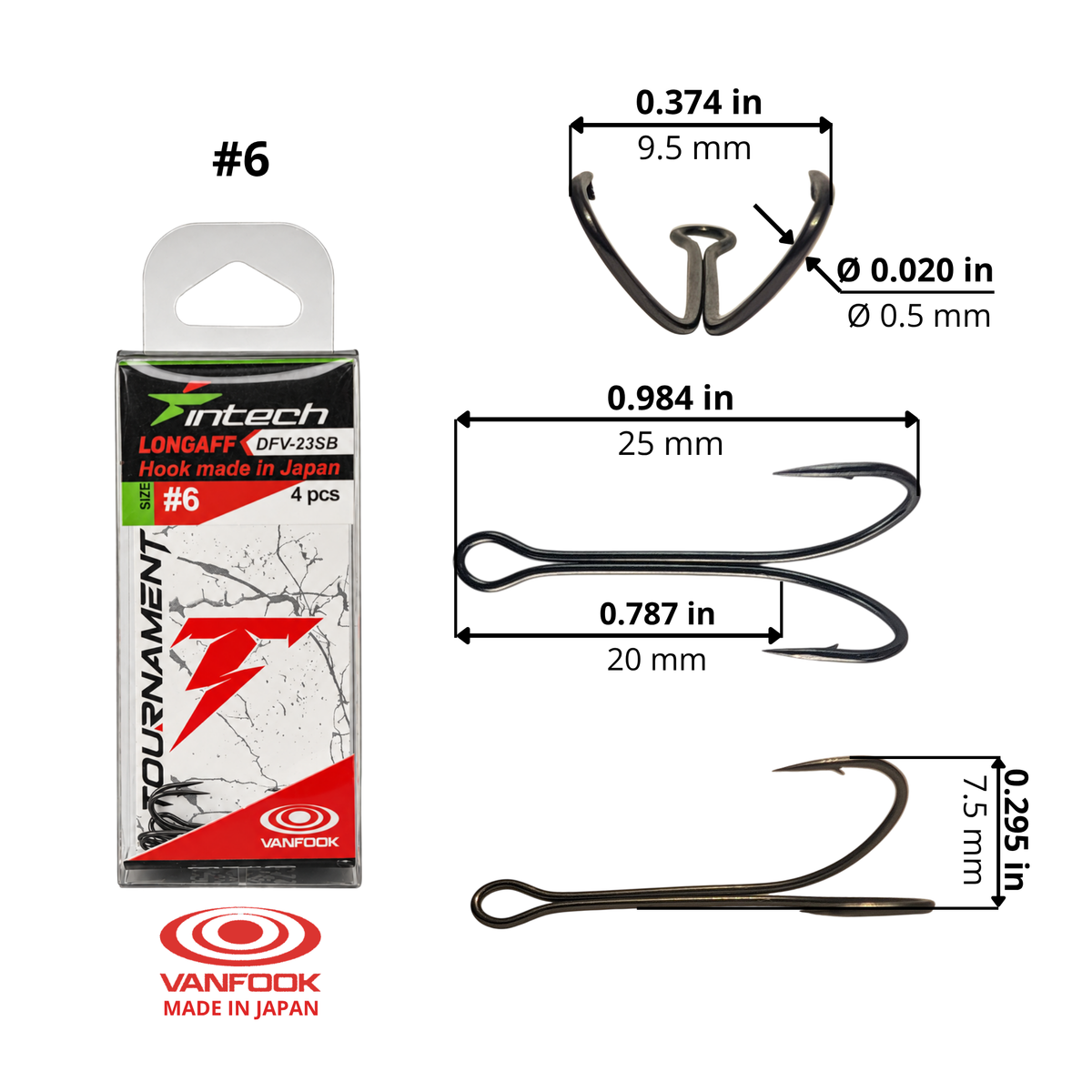 Intech Longaff DFV-23SB double hook #6, 4-pack. Size diagram: length 0.984 in / 25 mm; eye-to-bend length 0.787 in / 20 mm; point spread 0.374 in / 9.5 mm; height 0.295 in / 7.5 mm; wire diameter 0.020 in / 0.5 mm.