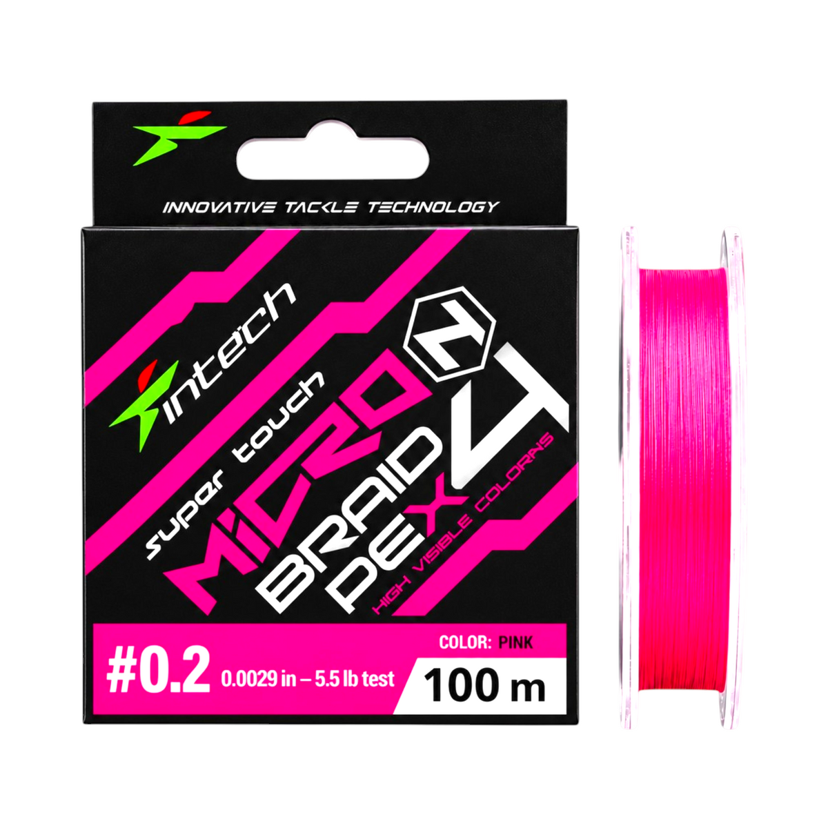 Intech MicroN PE X4 pink braided line, PE #0.2, 5.5 lb test, 109 yd spool with packaging on a light blue background.