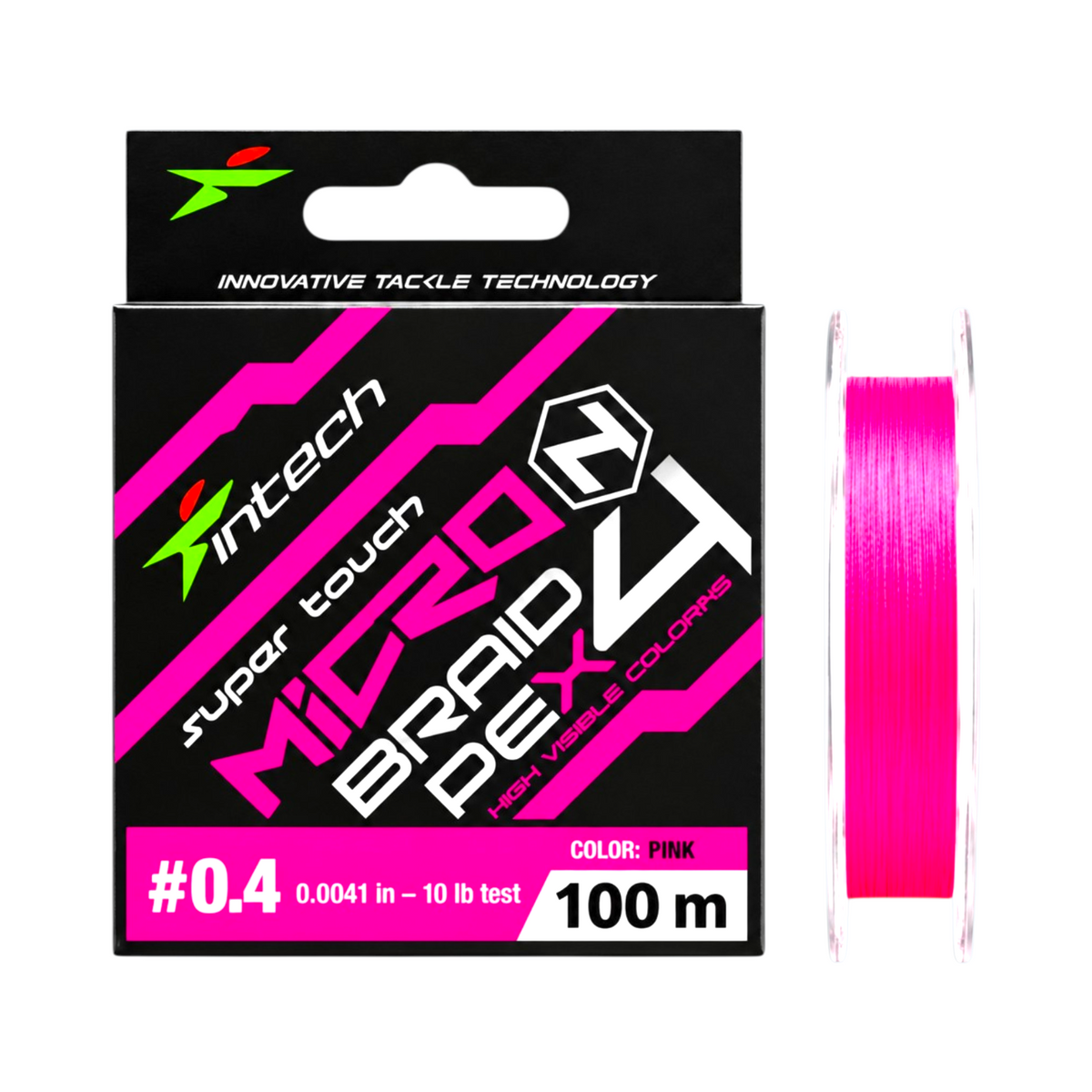 Intech MicroN PE X4 pink braided line, PE #0.4, 10 lb test, 109 yd spool with packaging on a light blue background.