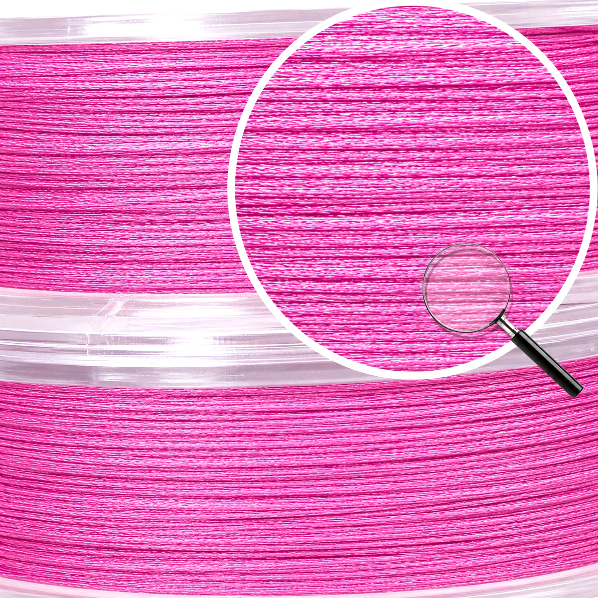Close-up of Intech MicroN PE X4 pink braided line wound on a clear spool, with a magnified inset showing the braid texture.