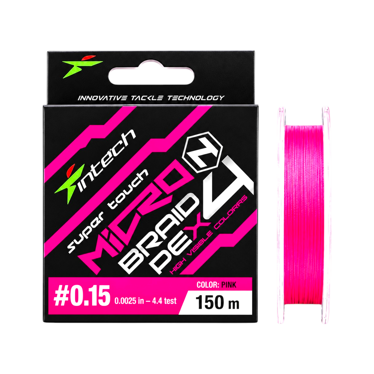 Intech MicroN PE X4 pink braided line, PE #0.15, 4.4 lb test, 164 yd spool with packaging on a light blue background.