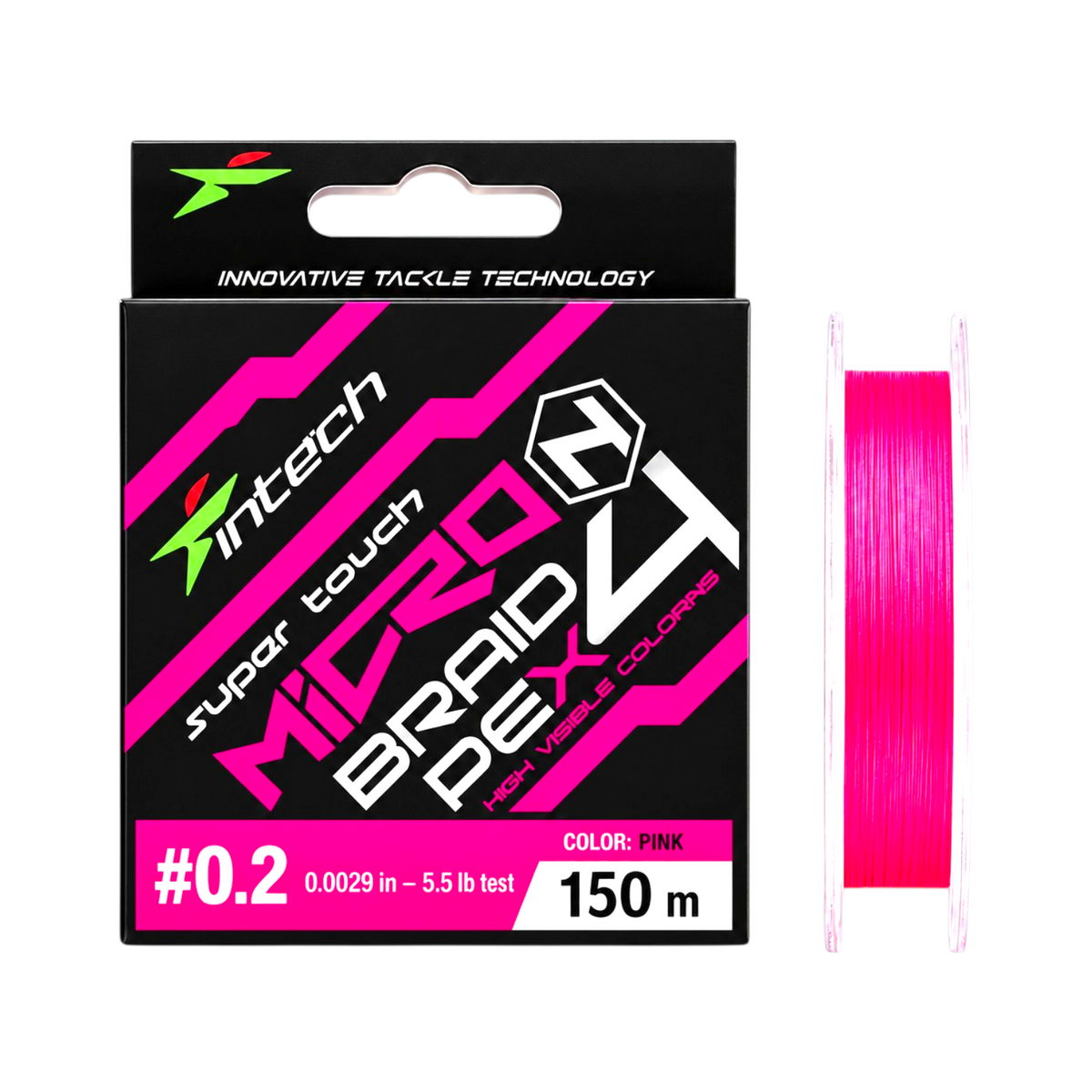 Intech MicroN PE X4 pink braided line, PE #0.2, 5.5 lb test, 164 yd spool with packaging on a light blue background.