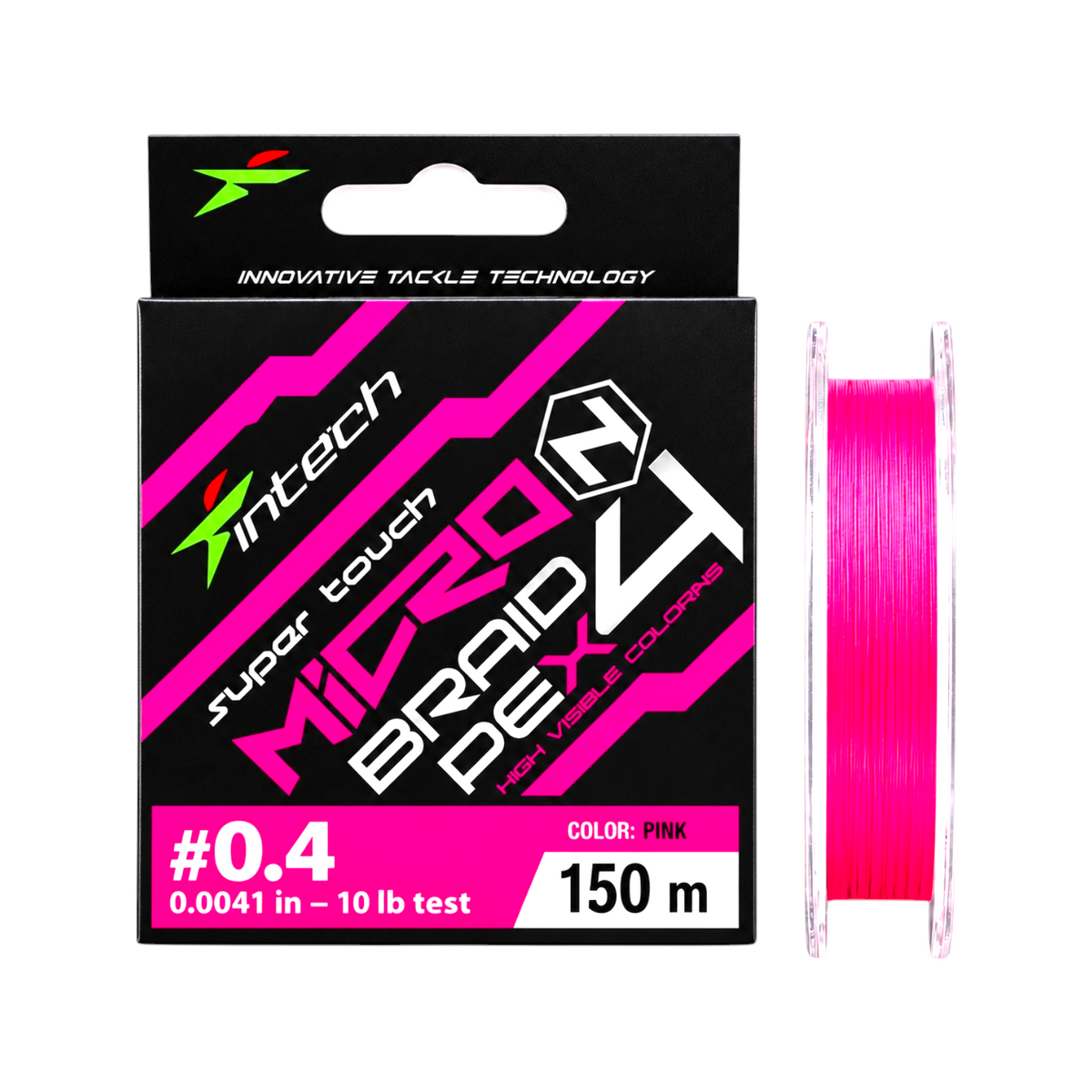 Intech MicroN PE X4 pink braided line, PE #0.4, 10 lb test, 164 yd spool with packaging on a light blue background.