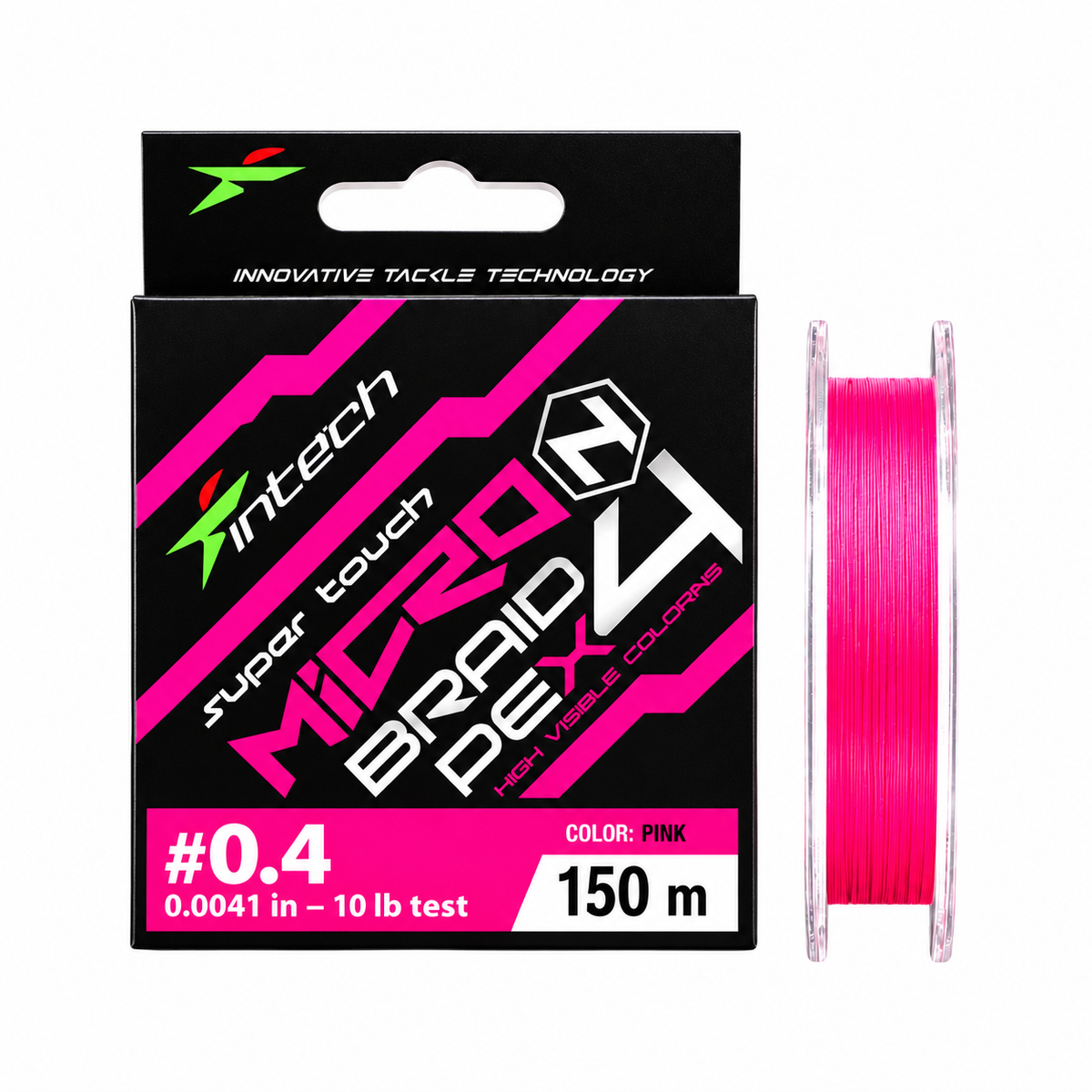 Intech MicroN PE X4 pink braided fishing line, 164 yd spool standing beside its packaging on a white background.