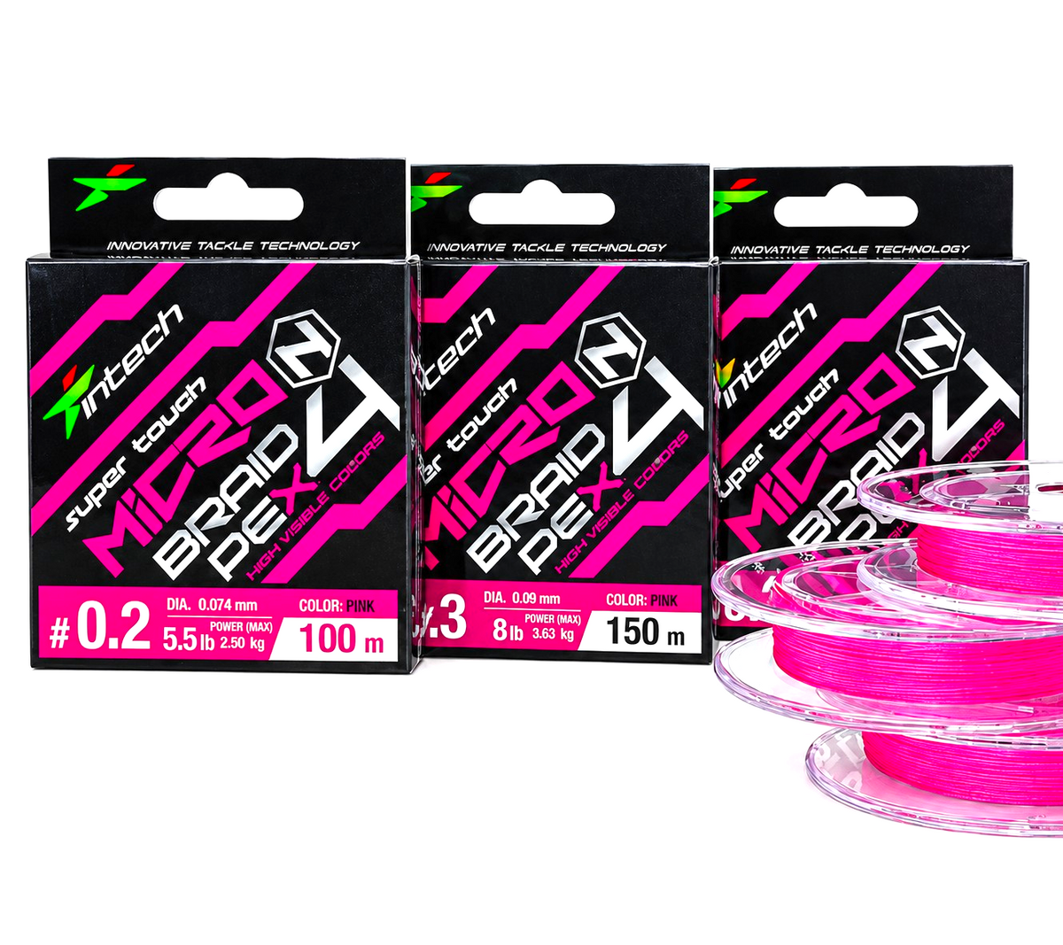 Three Intech MicroN PE X4 pink braided line packages with clear spools stacked beside them on a white background.