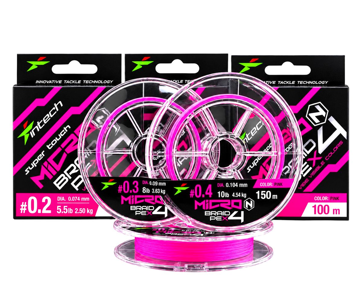 Intech MicroN PE X4 pink braided line spools displayed in front of their packaging, with PE size and strength labels visible.