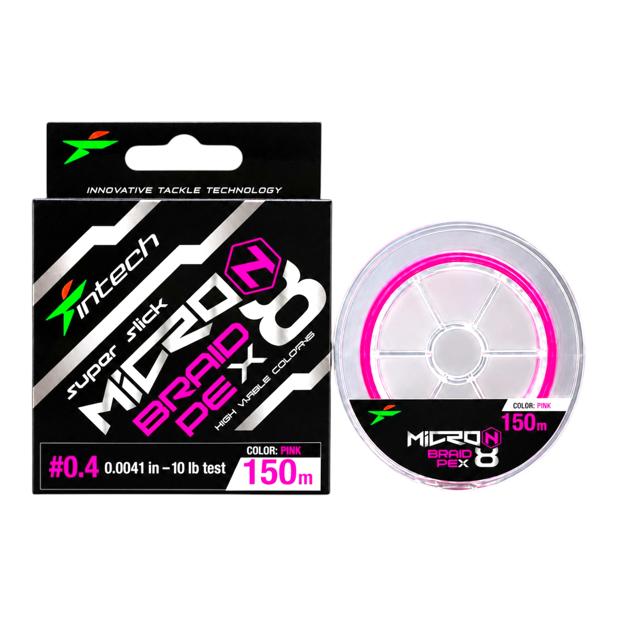 Intech MicroN PE X8 pink braided line, PE #0.4, 10 lb test, 164 yd spool with packaging on a light blue background.