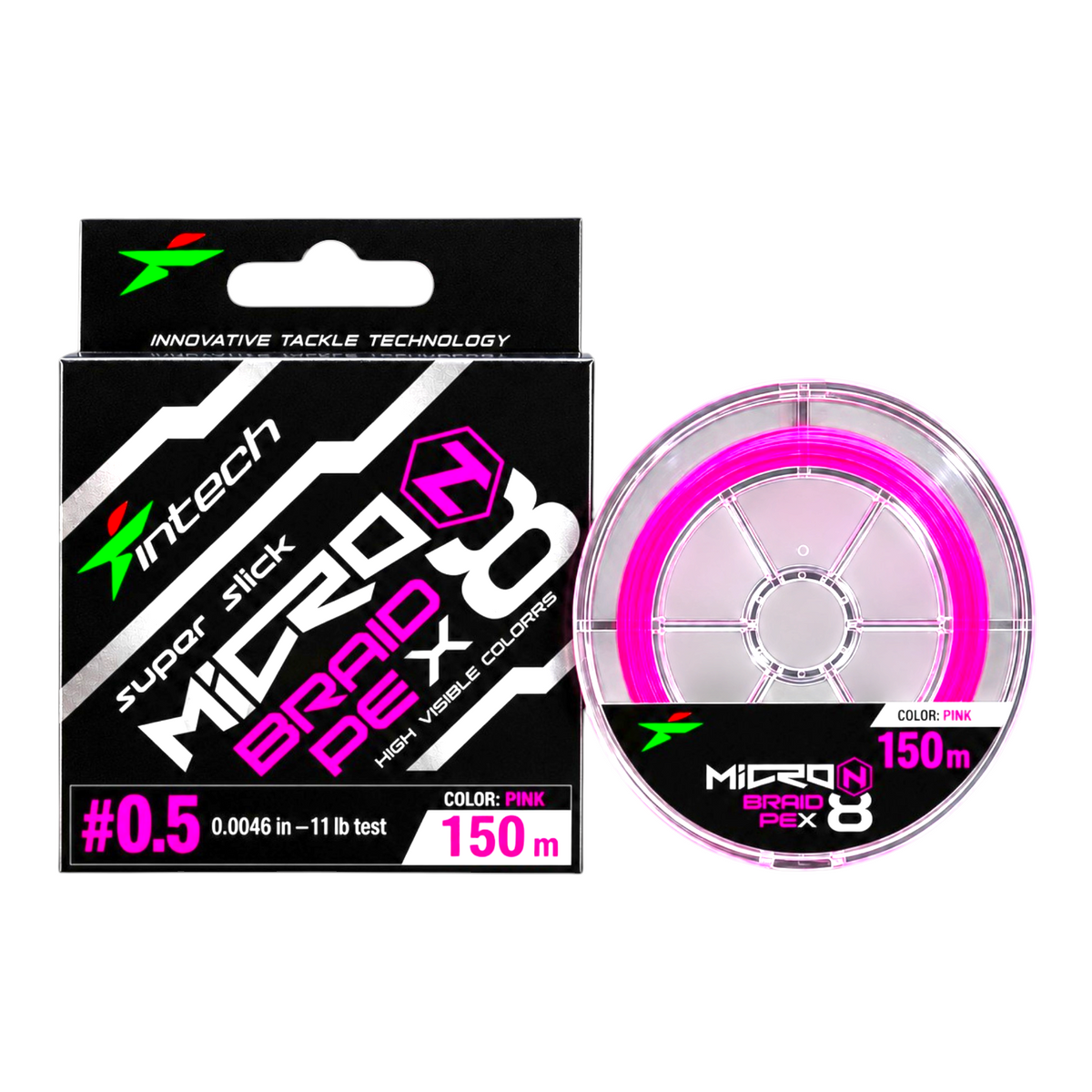 Intech MicroN PE X8 pink braided line, PE #0.5, 11 lb test, 164 yd spool with packaging on a light blue background.