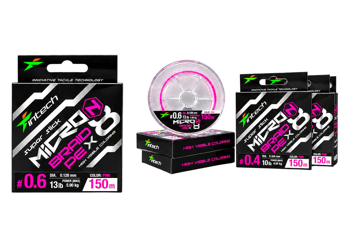 Intech MicroN PE X8 pink braided line spool displayed with several packages, including PE #0.4 and PE #0.6, on a white background.