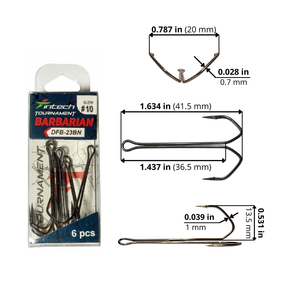 Intech DFB-23BN Barbarian double hook #1/0 size diagram: length 1.634 in / 41.5 mm; eye-to-bend length 1.437 in / 36.5 mm; point spread 0.787 in / 20 mm; hook height 0.531 in / 13.5 mm; wire thickness, front/side 0.028 in / 0.7 mm and 0.039 in / 1 mm.