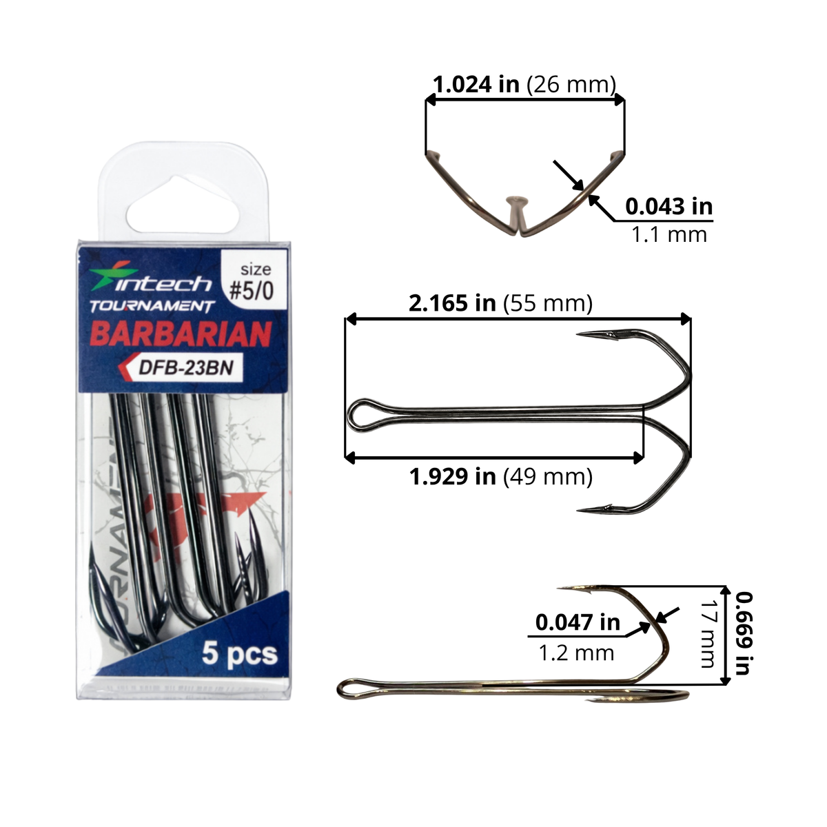 Intech DFB-23BN Barbarian double hook #5/0 size diagram: length 2.165 in / 55 mm; eye-to-bend length 1.929 in / 49 mm; point spread 1.024 in / 26 mm; hook height 0.669 in / 17 mm; wire thickness, front/side 0.043 in / 1.1 mm and 0.047 in / 1.2 mm.
