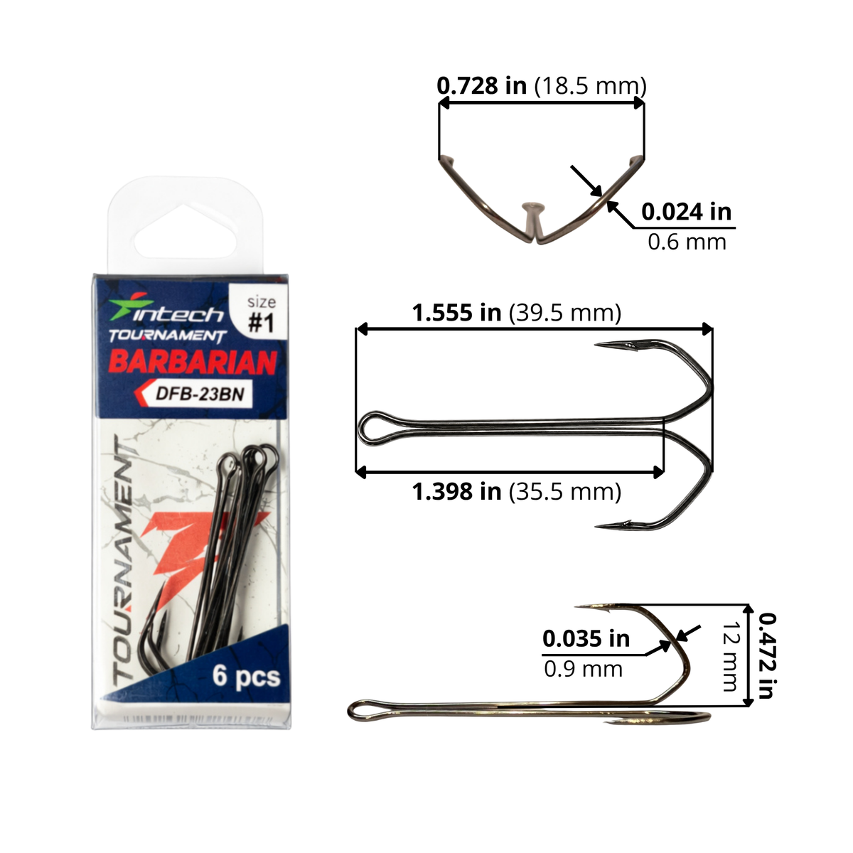 Intech DFB-23BN Barbarian double hook #1 size diagram: length 1.555 in / 39.5 mm; eye-to-bend length 1.398 in / 35.5 mm; point spread 0.728 in / 18.5 mm; hook height 0.472 in / 12 mm; wire thickness, front/side 0.024 in / 0.6 mm and 0.035 in / 0.9 mm.