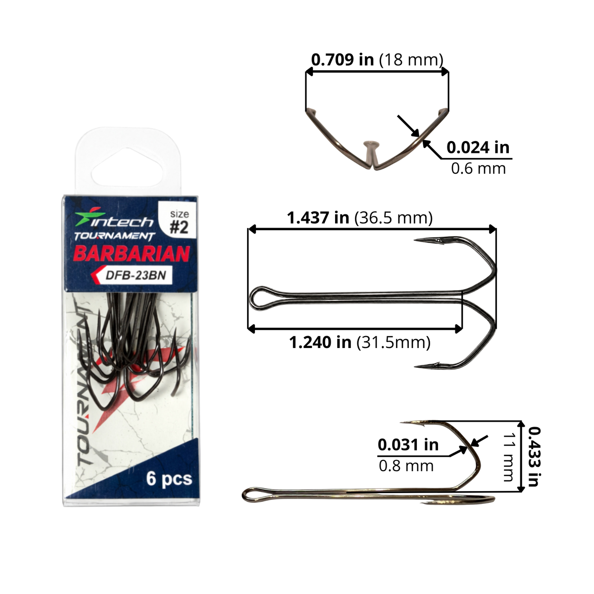 Intech DFB-23BN Barbarian double hook #2 size diagram: length 1.437 in / 36.5 mm; eye-to-bend length 1.240 in / 31.5 mm; point spread 0.709 in / 18 mm; hook height 0.433 in / 11 mm; wire thickness, front/side 0.024 in / 0.6 mm and 0.031 in / 0.8 mm.