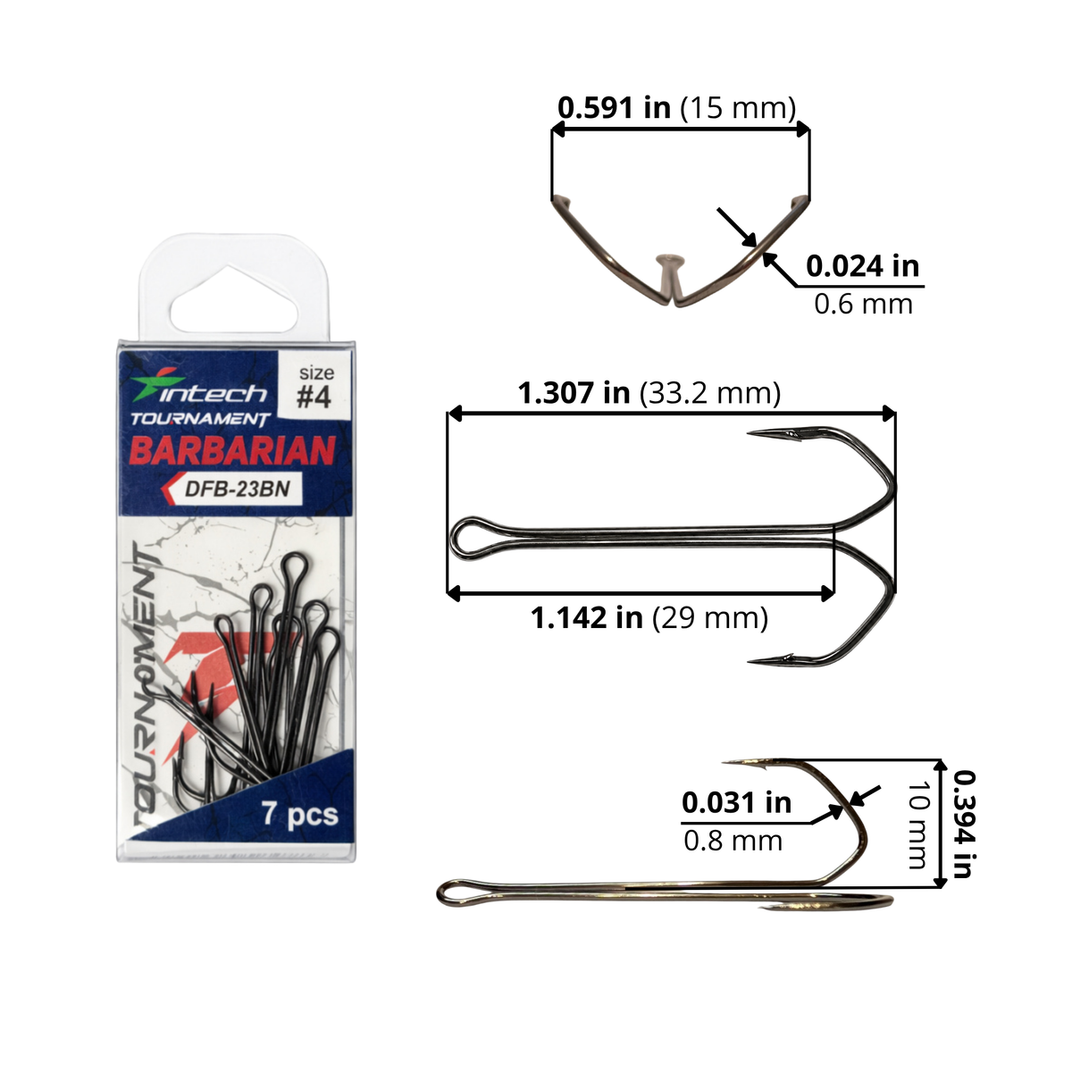 Intech DFB-23BN Barbarian double hook #4 size diagram: length 1.307 in / 33.2 mm; eye-to-bend length 1.142 in / 29 mm; point spread 0.591 in / 15 mm; hook height 0.394 in / 10 mm; wire thickness, front/side 0.024 in / 0.6 mm and 0.031 in / 0.8 mm.