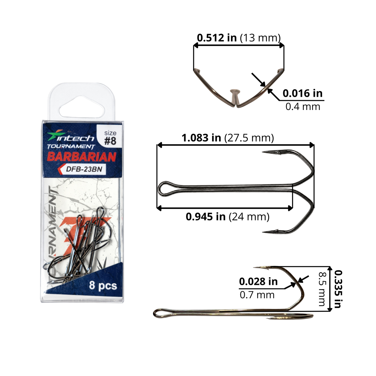 Intech DFB-23BN Barbarian double hook #8 size diagram: length 1.083 in / 27.5 mm; eye-to-bend length 0.945 in / 24 mm; point spread 0.512 in / 13 mm; hook height 0.335 in / 8.5 mm; wire thickness, front/side 0.016 in / 0.4 mm and 0.028 in / 0.7 mm.