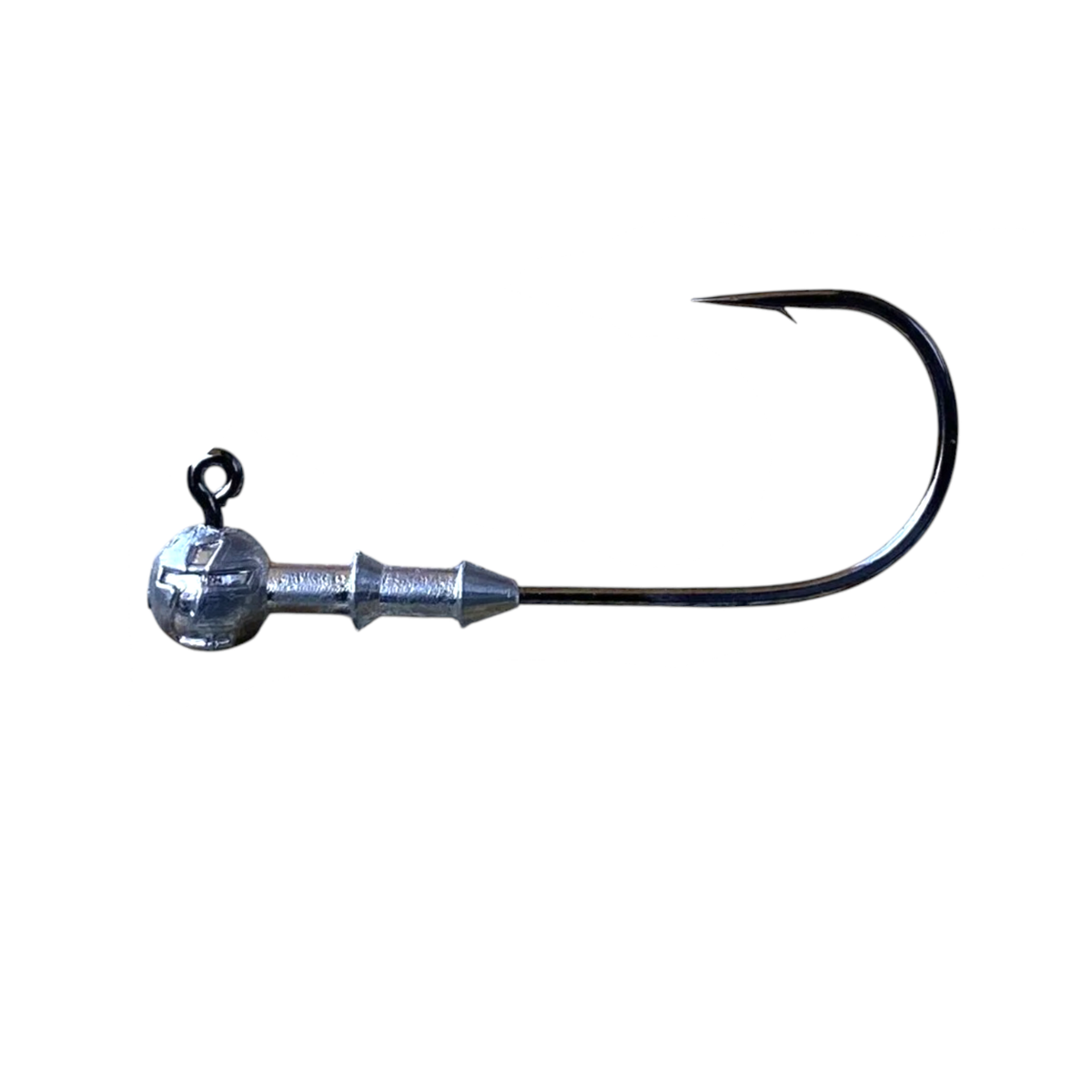 Intech Tournament DJ-Head 31 round jig head with a Vanfook hook and tapered bait keeper, side view on a white background.