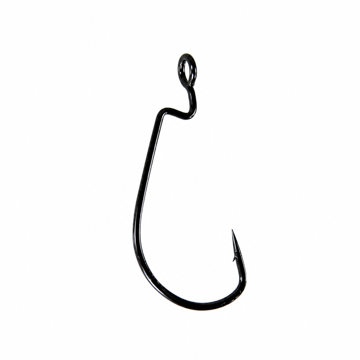 Upright view of an Intech Tournament JIG-RIG WMV-32SB black offset hook showing the enlarged eye and hook bend.