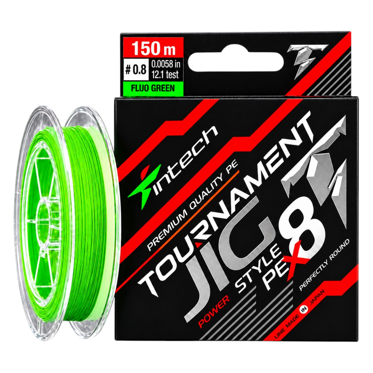 Intech Tournament Jig Style PE X8 fluorescent green braided line, PE #0.8, 12.1 lb test, 164 yd spool with packaging on a white background.