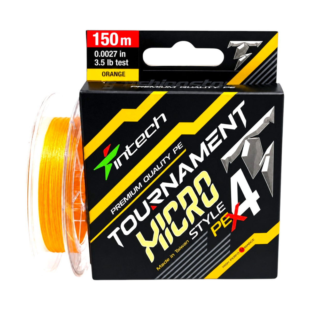 Intech Tournament Micro Style PE X4 orange braided line, 3.5 lb test, 164 yd spool with packaging on a light blue background.