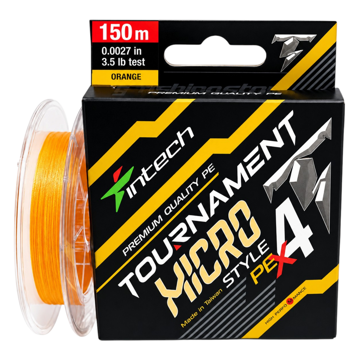 Intech Tournament Micro Style PE X4 orange braided line, 3.5 lb test, 164 yd spool with packaging on a white background.
