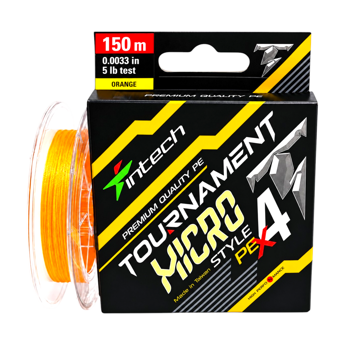 Intech Tournament Micro Style PE X4 orange braided line, 5 lb test, 164 yd spool with packaging on a light blue background.