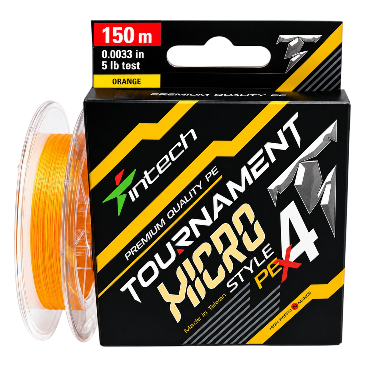 Intech Tournament Micro Style PE X4 orange braided line, 5 lb test, 164 yd spool with packaging on a white background.