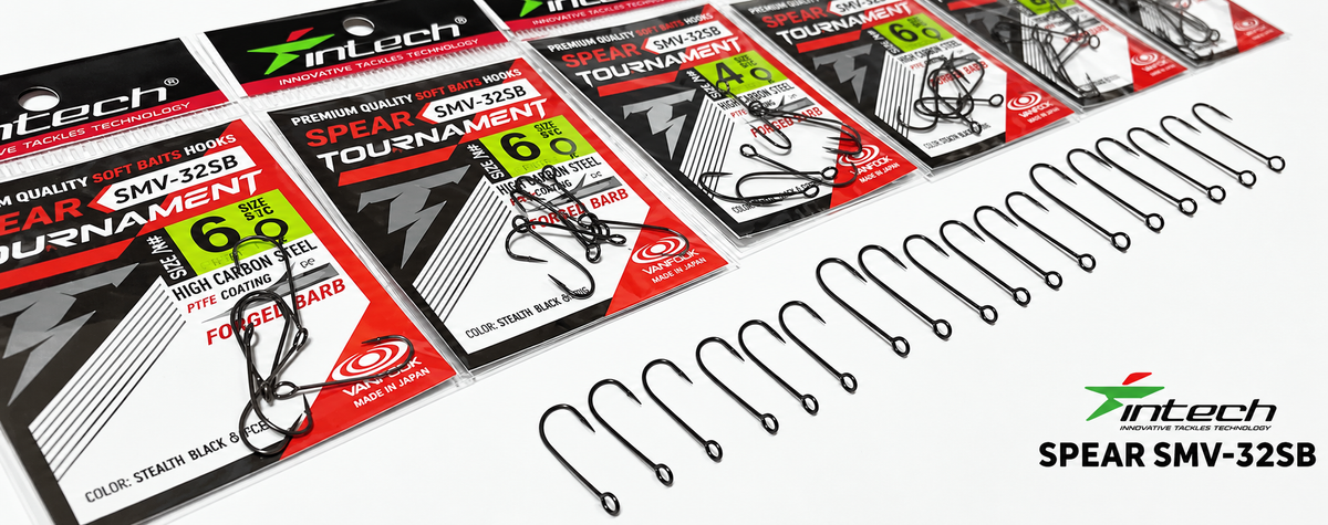 Black Intech Tournament Spear SMV-32SB single hooks arranged in a row in front of red, black and white retail packages on a white background.