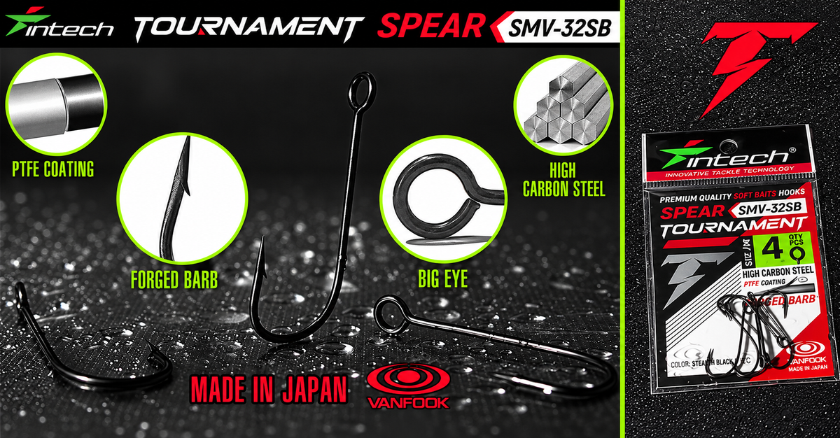 Intech Tournament Spear SMV-32SB hook feature graphic showing PTFE coating, forged barb, large eye and high carbon steel, with Vanfook branding and Made in Japan text.