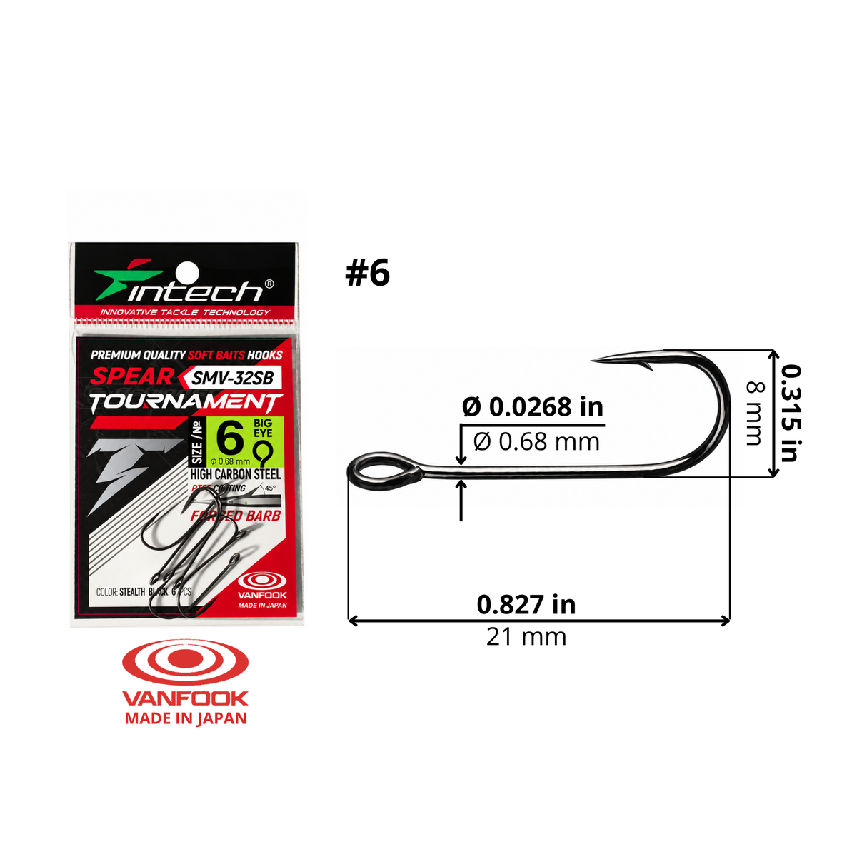 Intech Tournament Spear SMV-32SB single hook #6, 6-pack. Size diagram: length 0.827 in / 21 mm; height 0.315 in / 8 mm; wire diameter 0.0268 in / 0.68 mm.