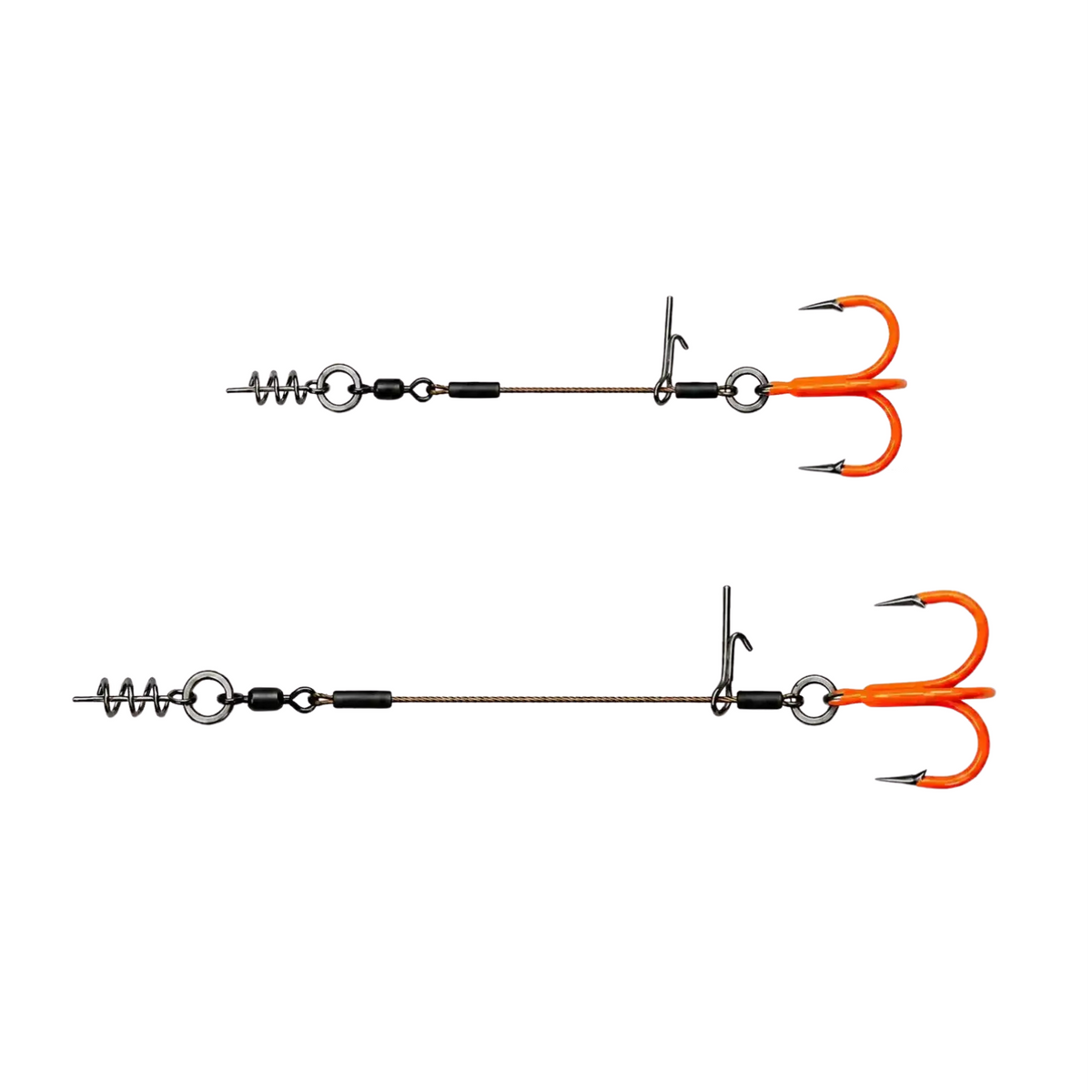 Two Leader Stinger Rig ST-36 rigs in UV Orange, each with a spring keeper, wire leader, bait pin, and one treble hook, shown in two lengths.