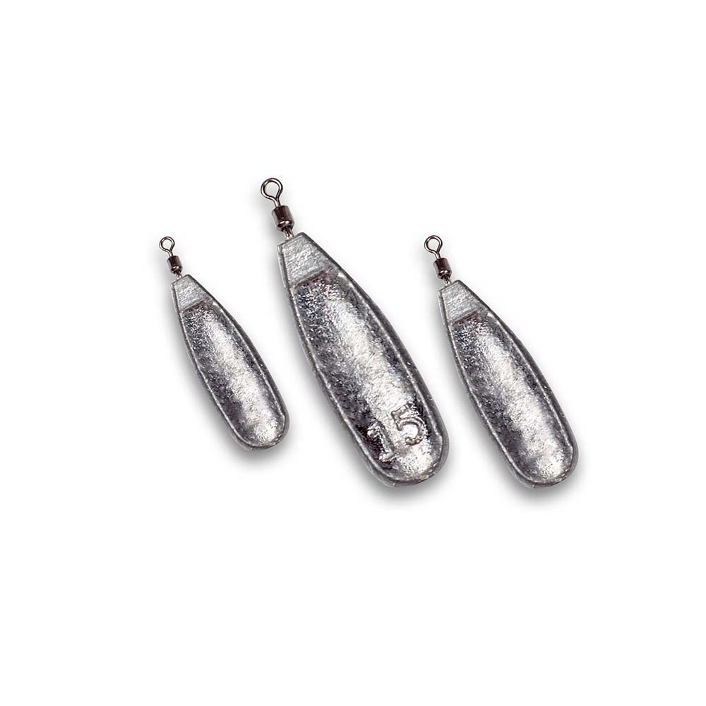 Three unpainted slow glide jig rig weights for soft bait rigs on a white background.