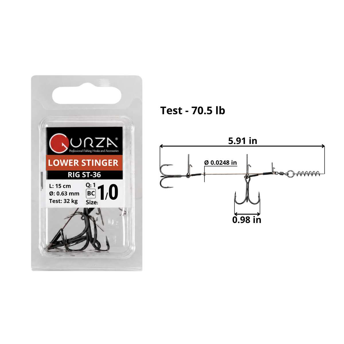 Lower Stinger Rig Duo ST-36 size 1/0 Black Nickel, one rig per pack. Diagram shows 5.91 in rig length, 0.0248 in wire diameter, 70.5 lb test, and 0.98 in treble hook width, with two treble hooks and a spring keeper.