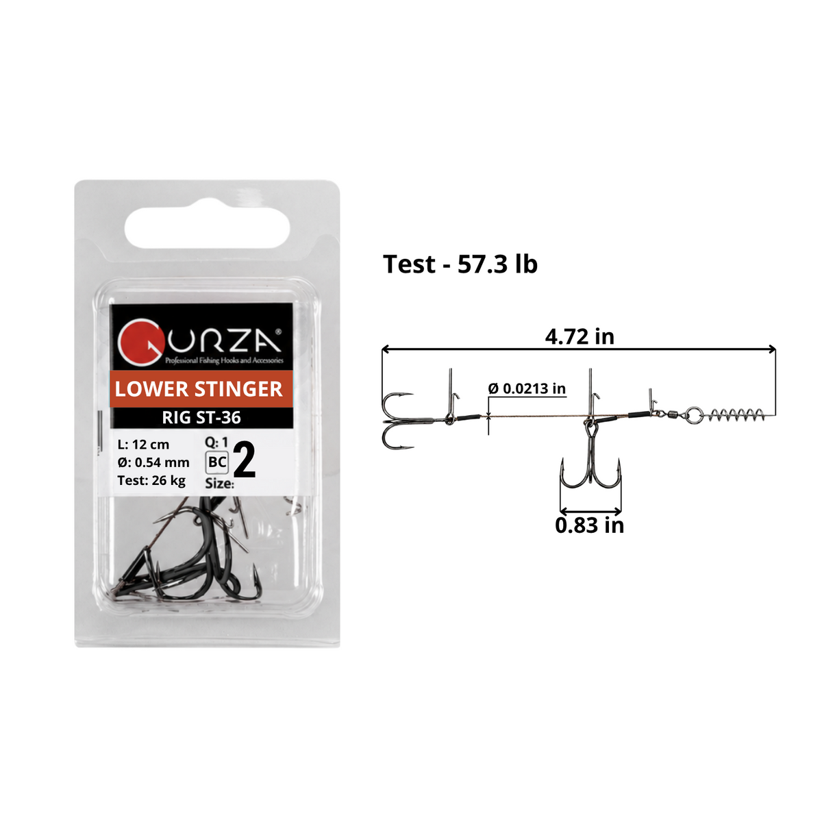 Lower Stinger Rig Duo ST-36 size 2 Black Nickel, one rig per pack. Diagram shows 4.72 in rig length, 0.0213 in wire diameter, 57.3 lb test, and 0.83 in treble hook width, with two treble hooks and a spring keeper.