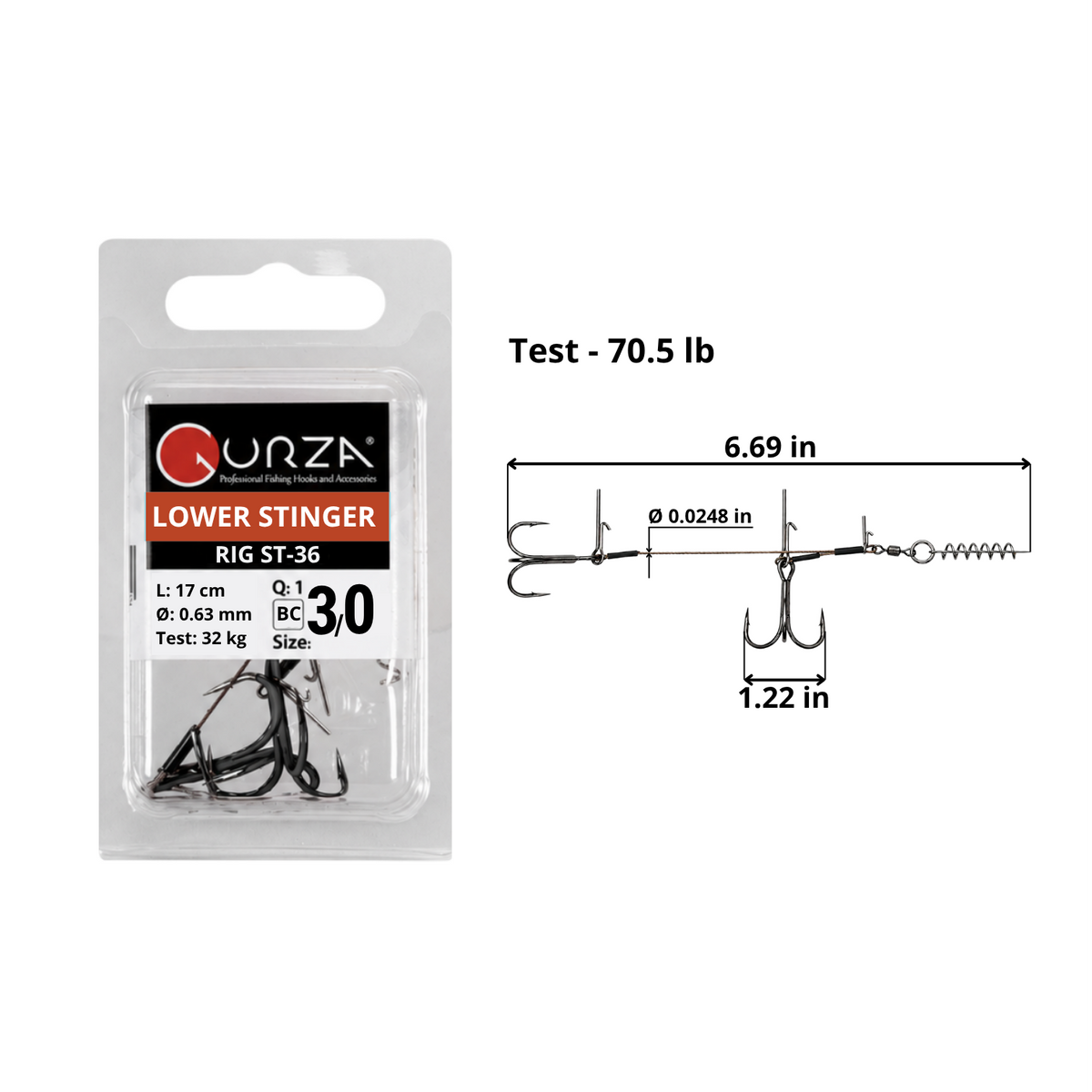 Lower Stinger Rig Duo ST-36 size 3/0 Black Nickel, one rig per pack. Diagram shows 6.69 in rig length, 0.0248 in wire diameter, 70.5 lb test, and 1.22 in treble hook width, with two treble hooks and a spring keeper.