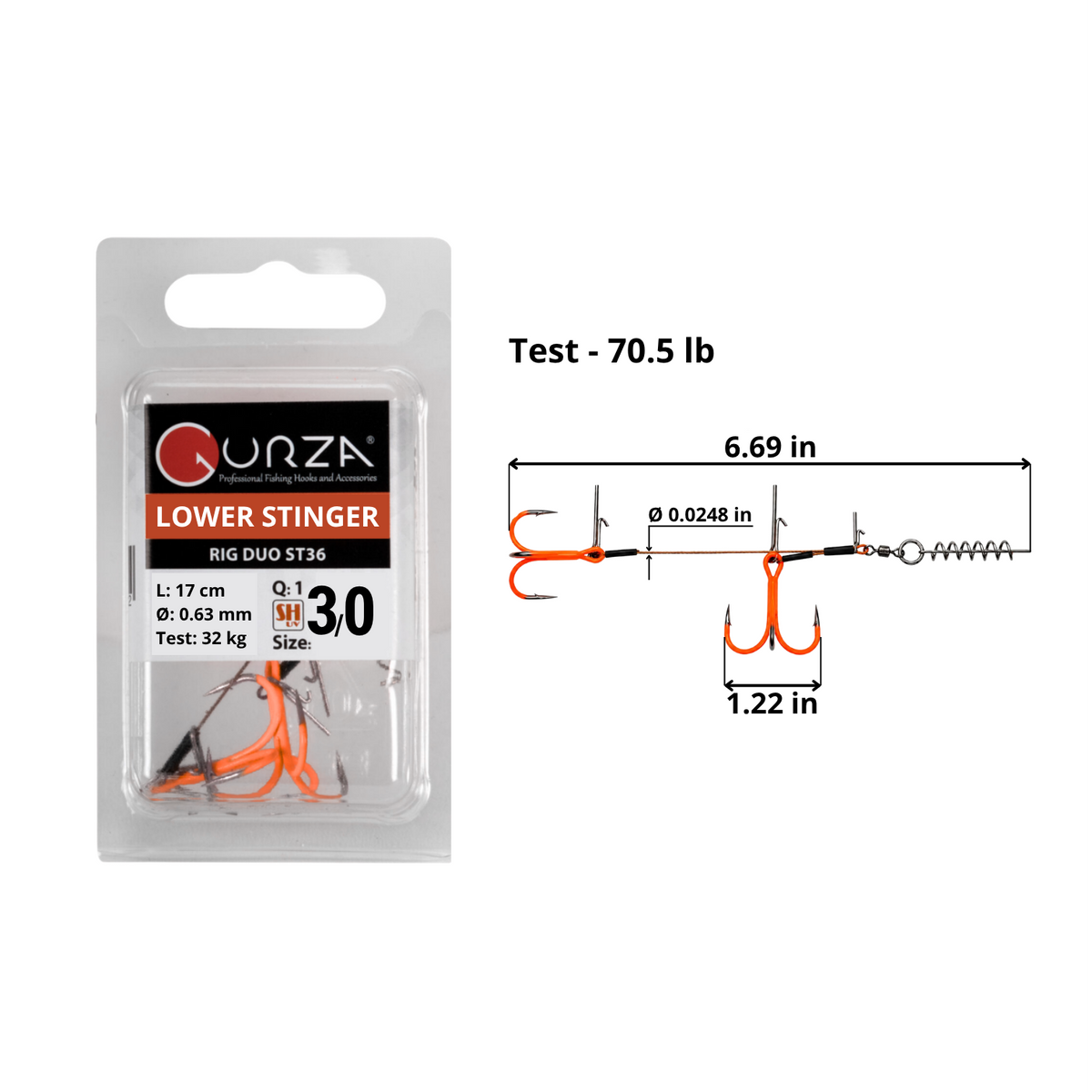 Lower Stinger Rig Duo ST-36 size 3/0 UV Orange, one rig per pack. Diagram shows 6.69 in rig length, 0.0248 in wire diameter, 70.5 lb test, and 1.22 in treble hook width, with two treble hooks and a spring keeper.