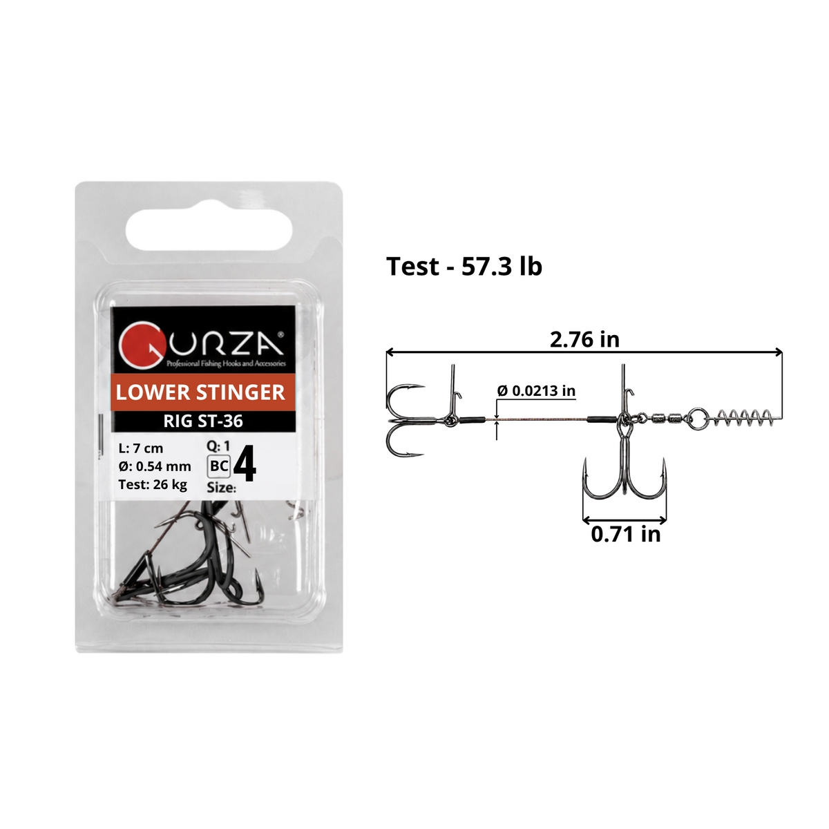 Lower Stinger Rig Duo ST-36 size 4 Black Nickel, one rig per pack. Diagram shows 2.76 in rig length, 0.0213 in wire diameter, 57.3 lb test, and 0.71 in treble hook width, with two treble hooks and a spring keeper.