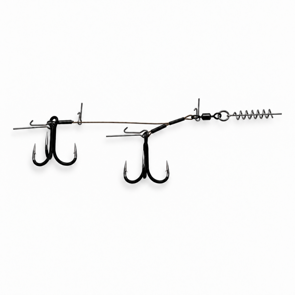 Lower Stinger Rig Duo ST-36 with two Black Nickel treble hooks, a steel wire belly harness, screw-lock spring keeper, and bait pins.