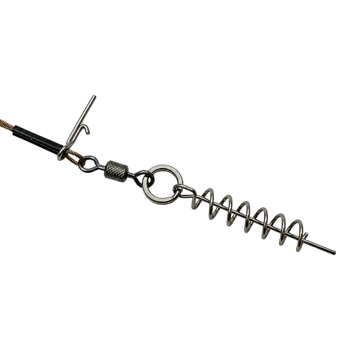 Close-up of the Lower Stinger Rig Duo ST-36 screw-lock spring keeper, connecting ring, swivel, bait pin, and crimped wire loop.