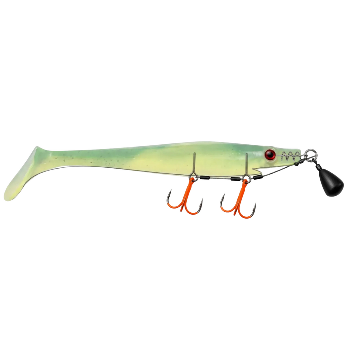 Lower Stinger Rig Duo ST-36 with two UV Orange treble hooks rigged beneath a soft plastic swimbait, with a spring keeper and a separate weight at the nose.
