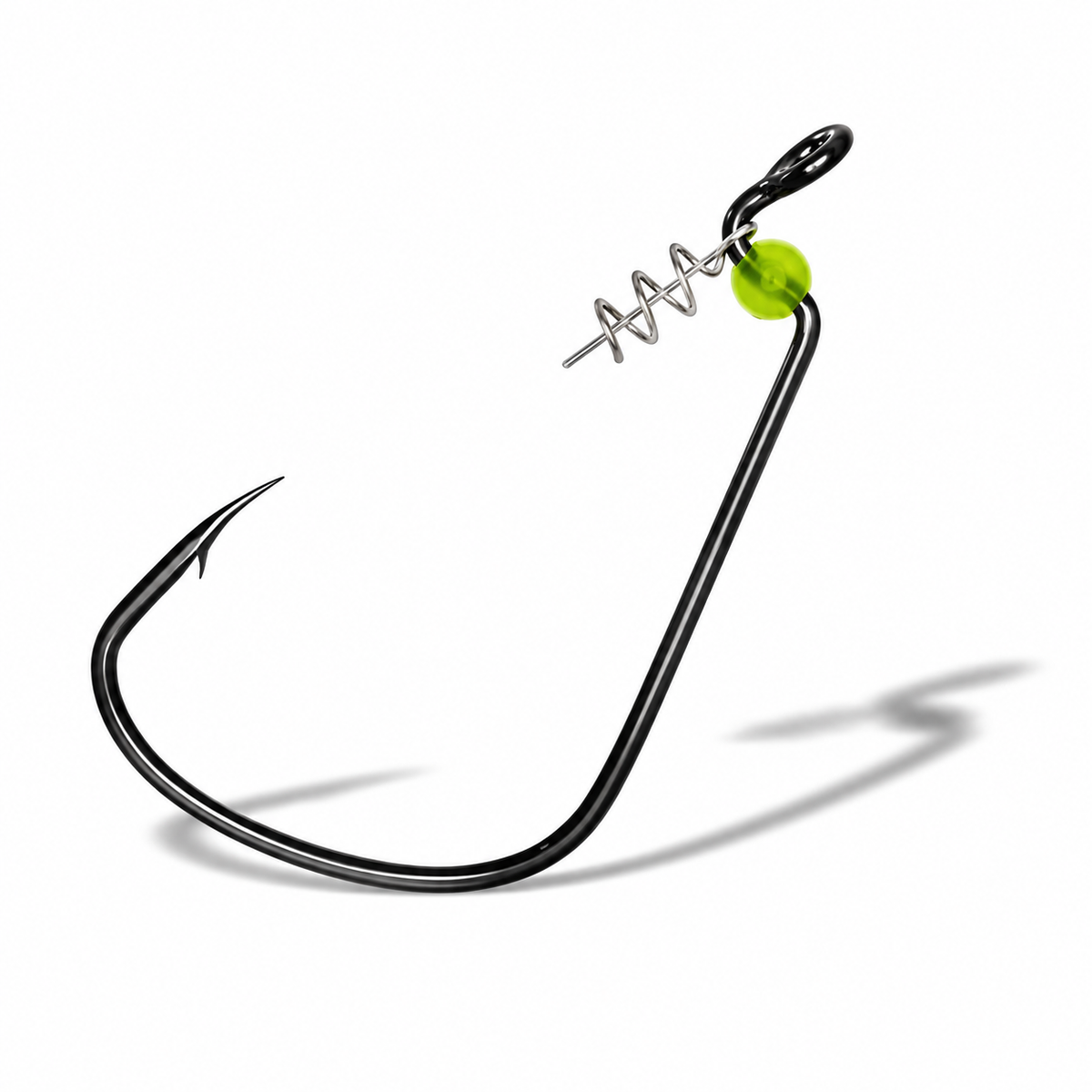 Magna 777 LE CP LEHS black nickel offset hook with a Helix spring keeper and fluorescent green stopper bead.