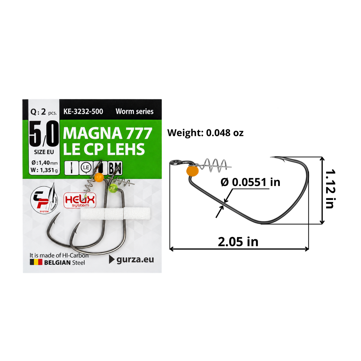 Magna 777 LE CP LEHS size 5/0 offset hook with Helix keeper and fluorescent stopper bead, 2-count pack, 2.05 by 1.12 inches, 0.0551-inch wire diameter, and 0.048-ounce hook weight.