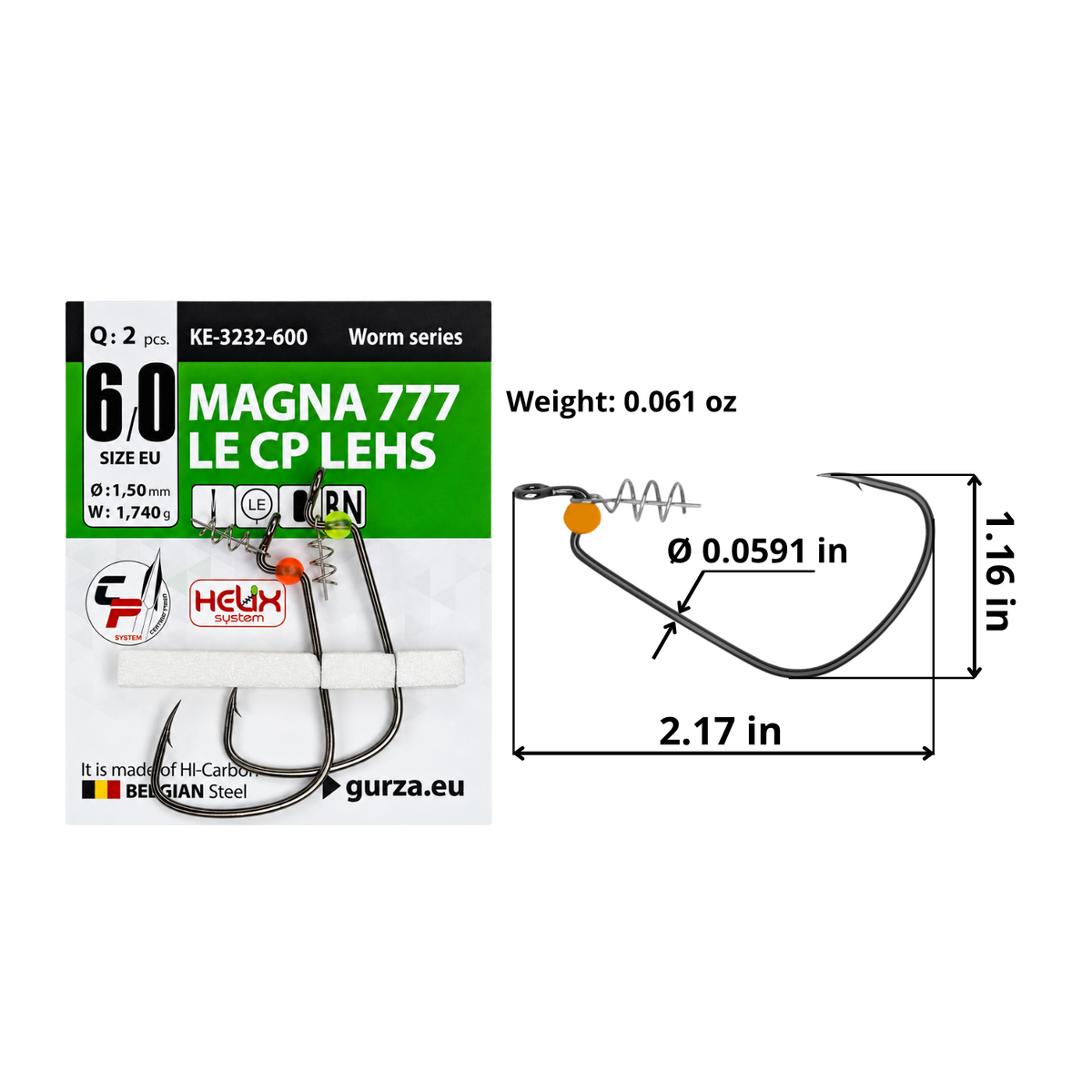 Magna 777 LE CP LEHS size 6/0 offset hook with Helix keeper and fluorescent stopper bead, 2-count pack, 2.17 by 1.16 inches, 0.0591-inch wire diameter, and 0.061-ounce hook weight.