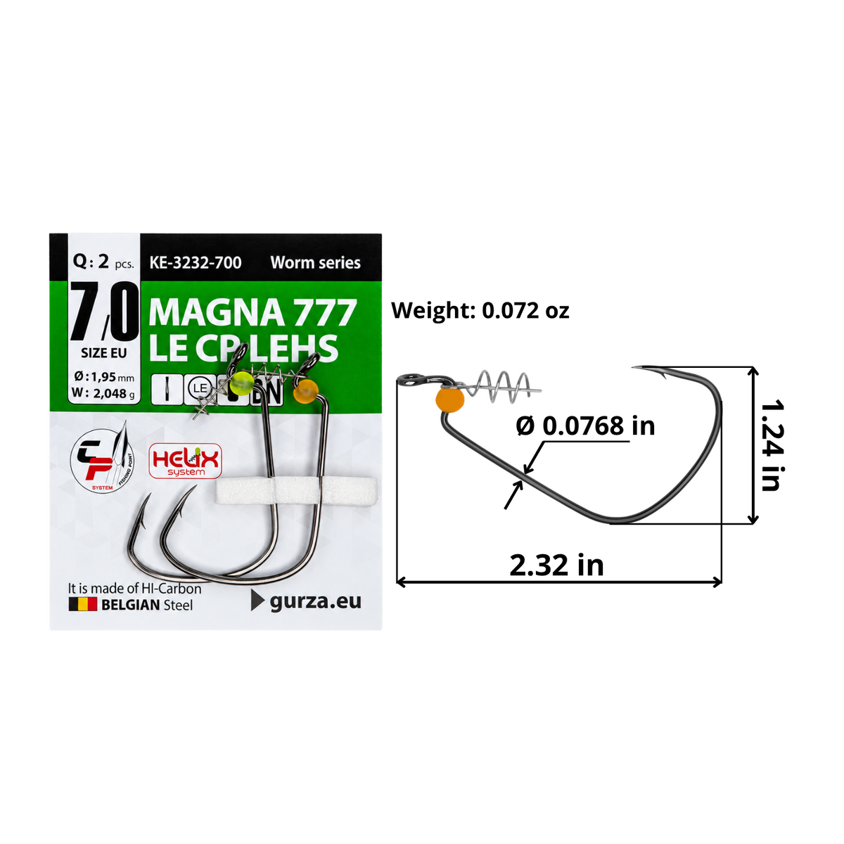 Magna 777 LE CP LEHS size 7/0 offset hook with Helix keeper and fluorescent stopper bead, 2-count pack, 2.32 by 1.24 inches, 0.0768-inch wire diameter, and 0.072-ounce hook weight.