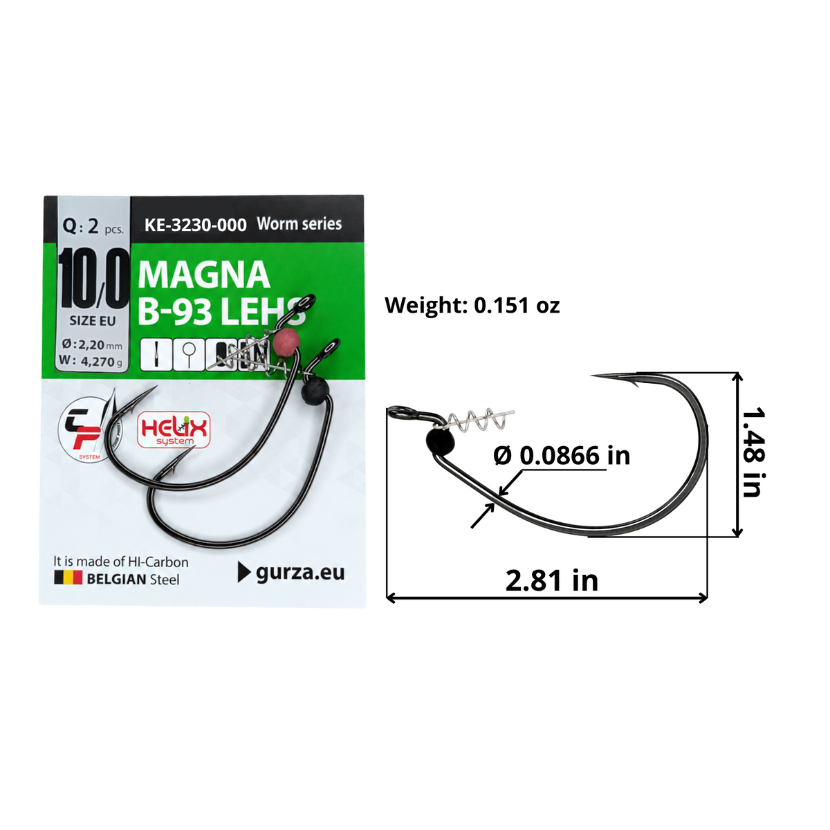 Magna B-93 LEHS size 10/0 offset hook with Helix keeper and stopper bead, 2-count pack, 2.81 by 1.48 inches, 0.0866-inch wire diameter, and 0.151-ounce hook weight.