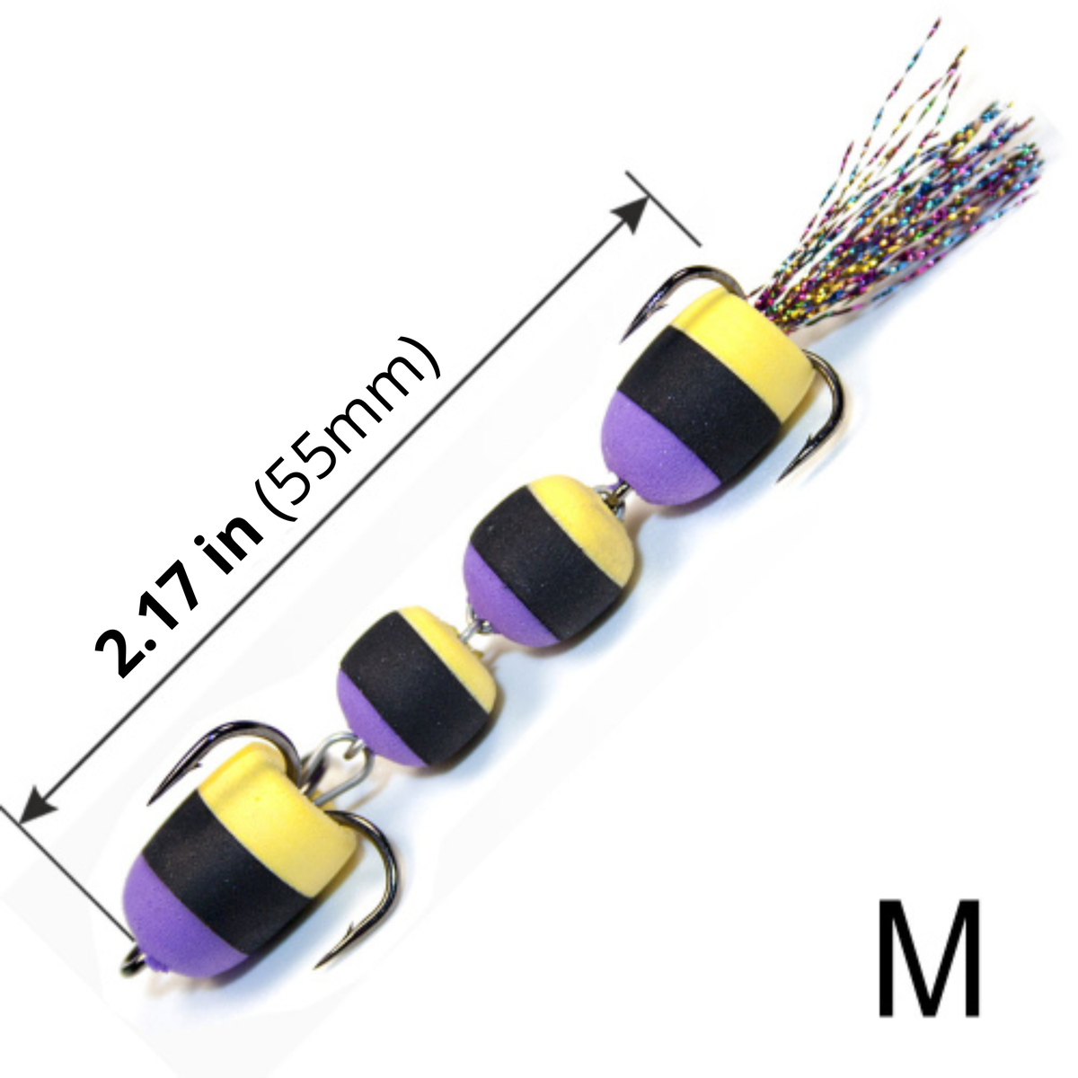 Mandula M 2.17-inch Floating Foam Jig Lure in yellow, black, and purple, with a segmented foam body, treble hooks, and a tinsel tail, with a length measurement shown.