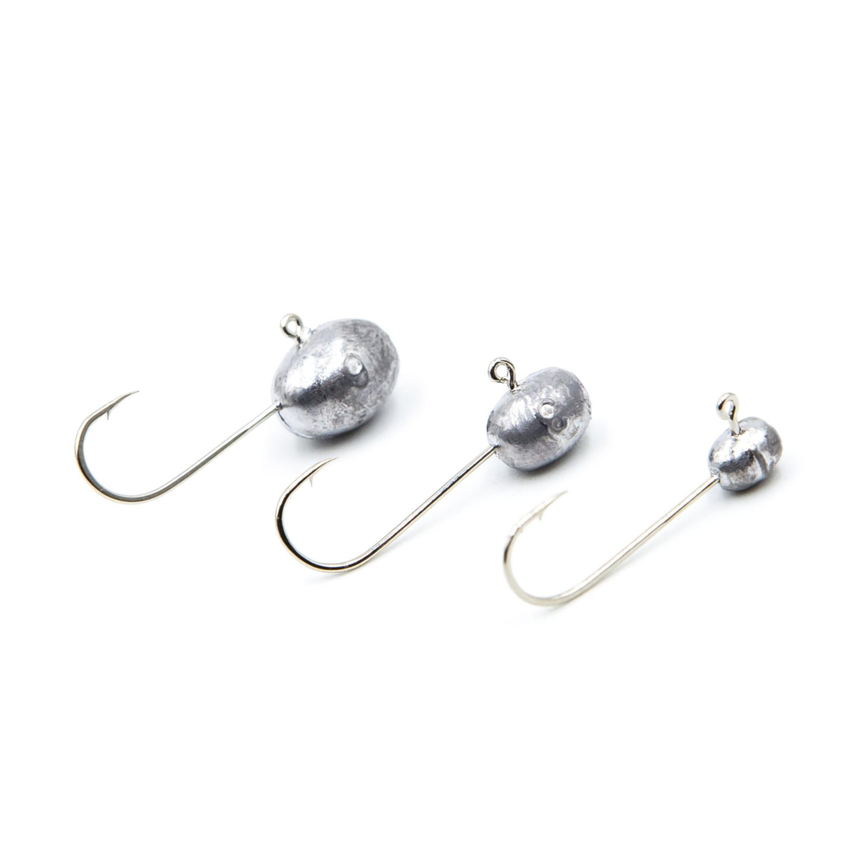 Three micro jig heads with size #4 hooks and unpainted lead heads.