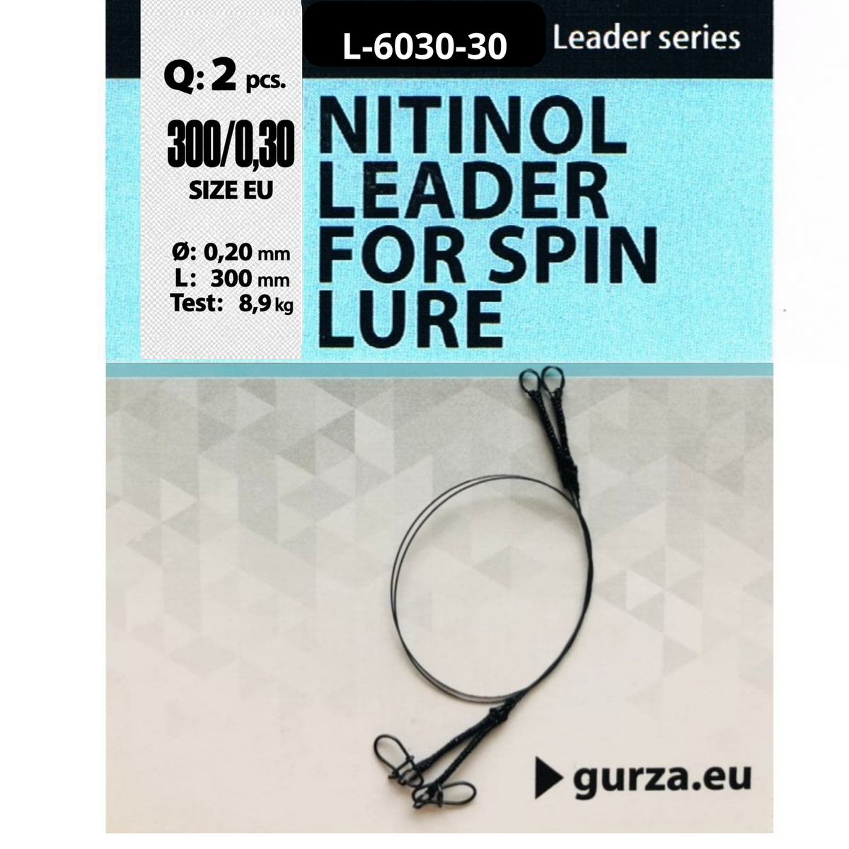 Nitinol Leaders for Spin Lures, 11.81 in (300 mm) long with 0.0118 in (0.30 mm) nickel-titanium wire, shown in two-pack packaging.