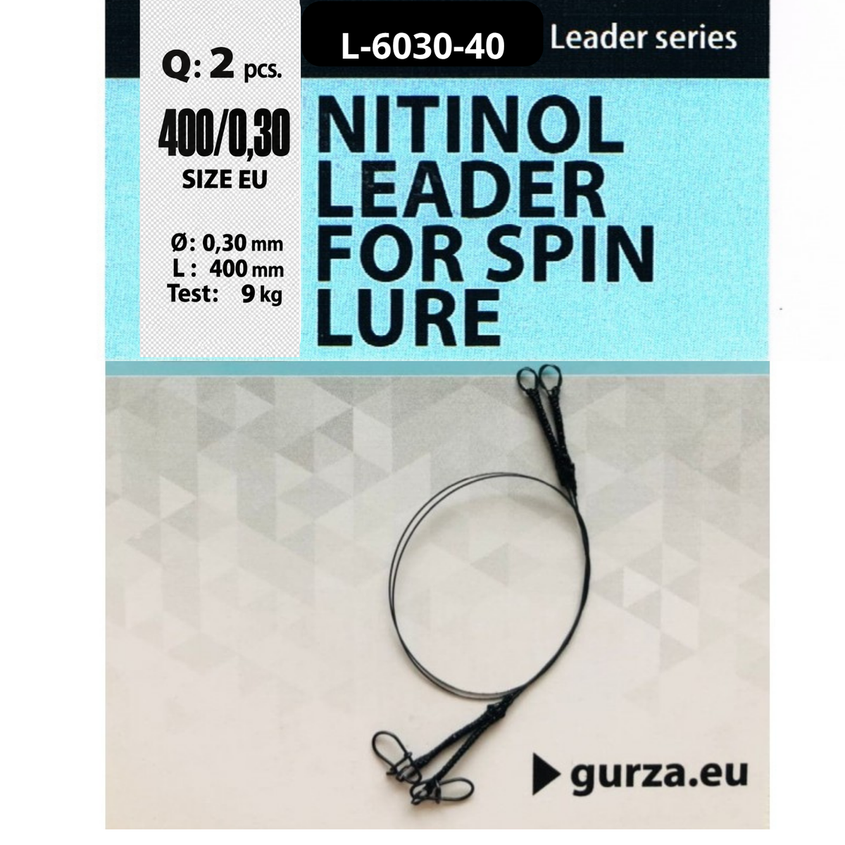 Nitinol Leaders for Spin Lures, 15.75 in (400 mm) long with 0.0118 in (0.30 mm) nickel-titanium wire, shown in two-pack packaging.