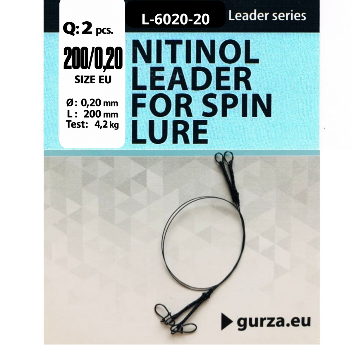 Nitinol Leaders for Spin Lures, 7.87 in (200 mm) long with 0.0079 in (0.20 mm) nickel-titanium wire, shown in two-pack packaging.