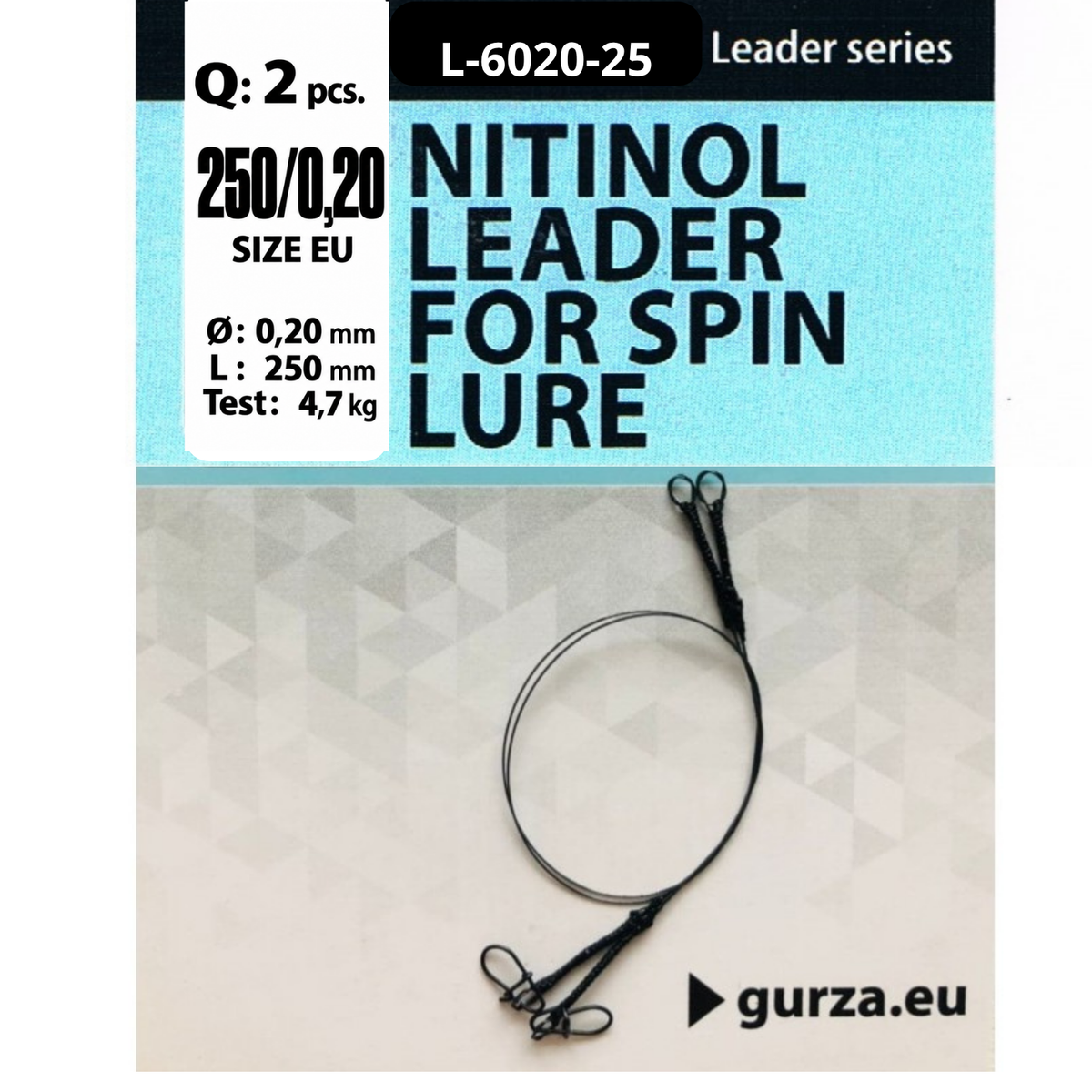 Nitinol Leaders for Spin Lures, 9.84 in (250 mm) long with 0.0079 in (0.20 mm) nickel-titanium wire, shown in two-pack packaging.